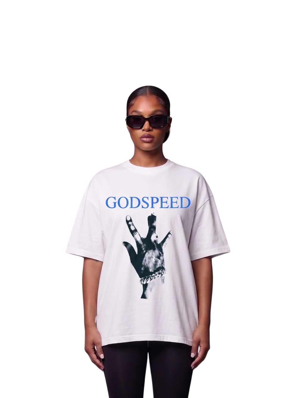 Godspeed white oversized graphic t shirt at unseen grail. local brands south africa. streetwear. men and women. studio image front female model full outfit. galxboy, bantu