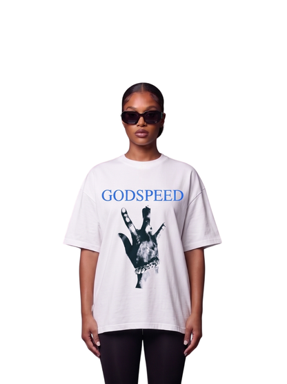 Godspeed white oversized graphic t shirt at unseen grail. local brands south africa. streetwear. men and women. studio image front female model full outfit. galxboy, bantu