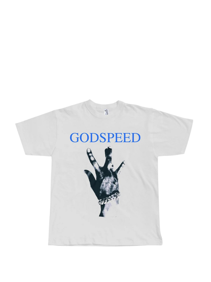 Godspeed white oversized graphic t shirt at unseen grail. local brands south africa. streetwear. men and women. studio image front flatlay. galxboy, bantu