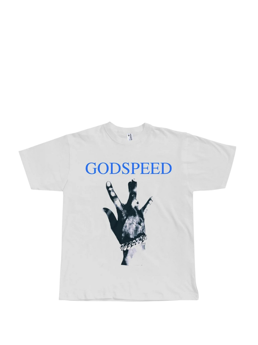 Godspeed white oversized graphic t shirt at unseen grail. local brands south africa. streetwear. men and women. studio image front flatlay. galxboy, bantu