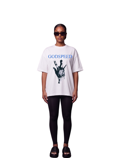 Godspeed white oversized graphic t shirt at unseen grail. local brands south africa. streetwear. men and women. studio image front full outfit female. galxboy, bantu