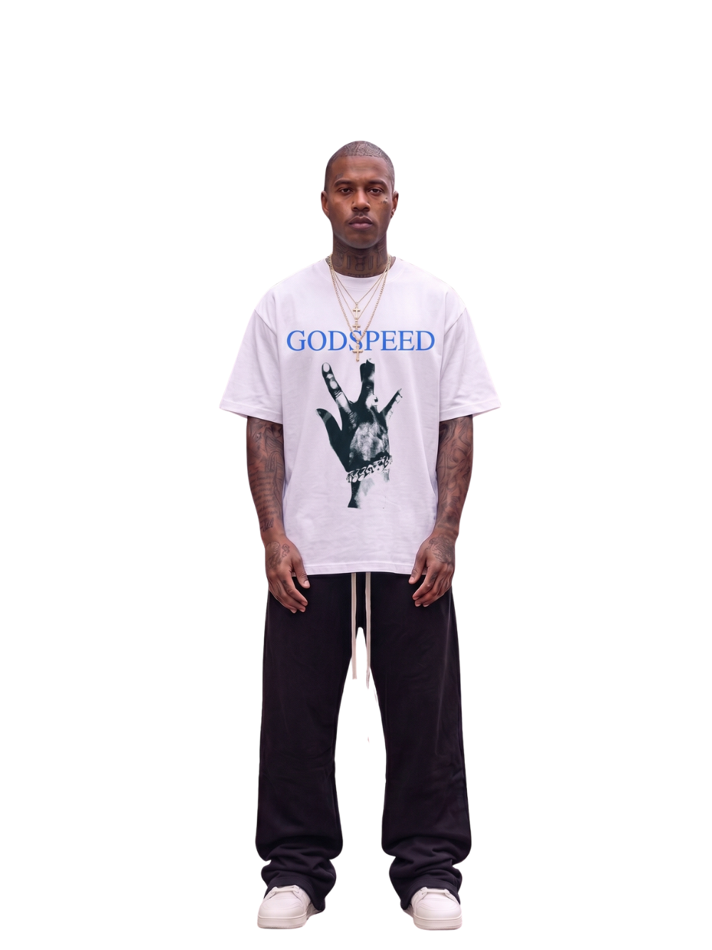 Godspeed white oversized graphic t shirt at unseen grail. local brands south africa. streetwear. men and women. studio image front full outfit male. galxboy, bantu