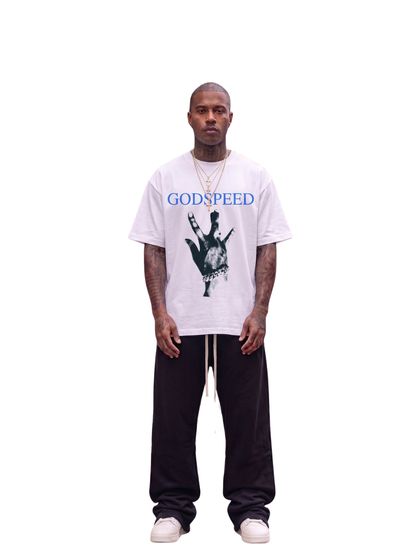 Godspeed white oversized graphic t shirt at unseen grail. local brands south africa. streetwear. men and women. studio image front full outfit male. galxboy, bantu