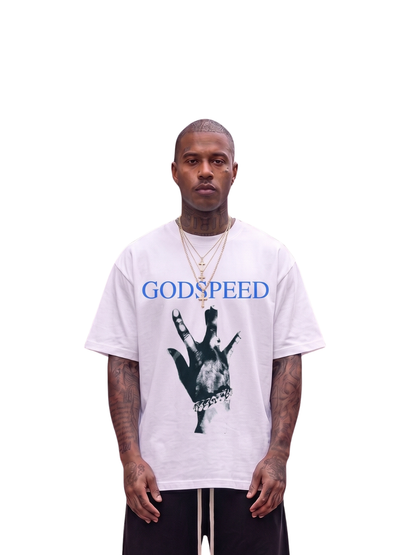 Godspeed white oversized graphic t shirt at unseen grail. local brands south africa. streetwear. men and women. studio image front male model full outfit. galxboy, bantu