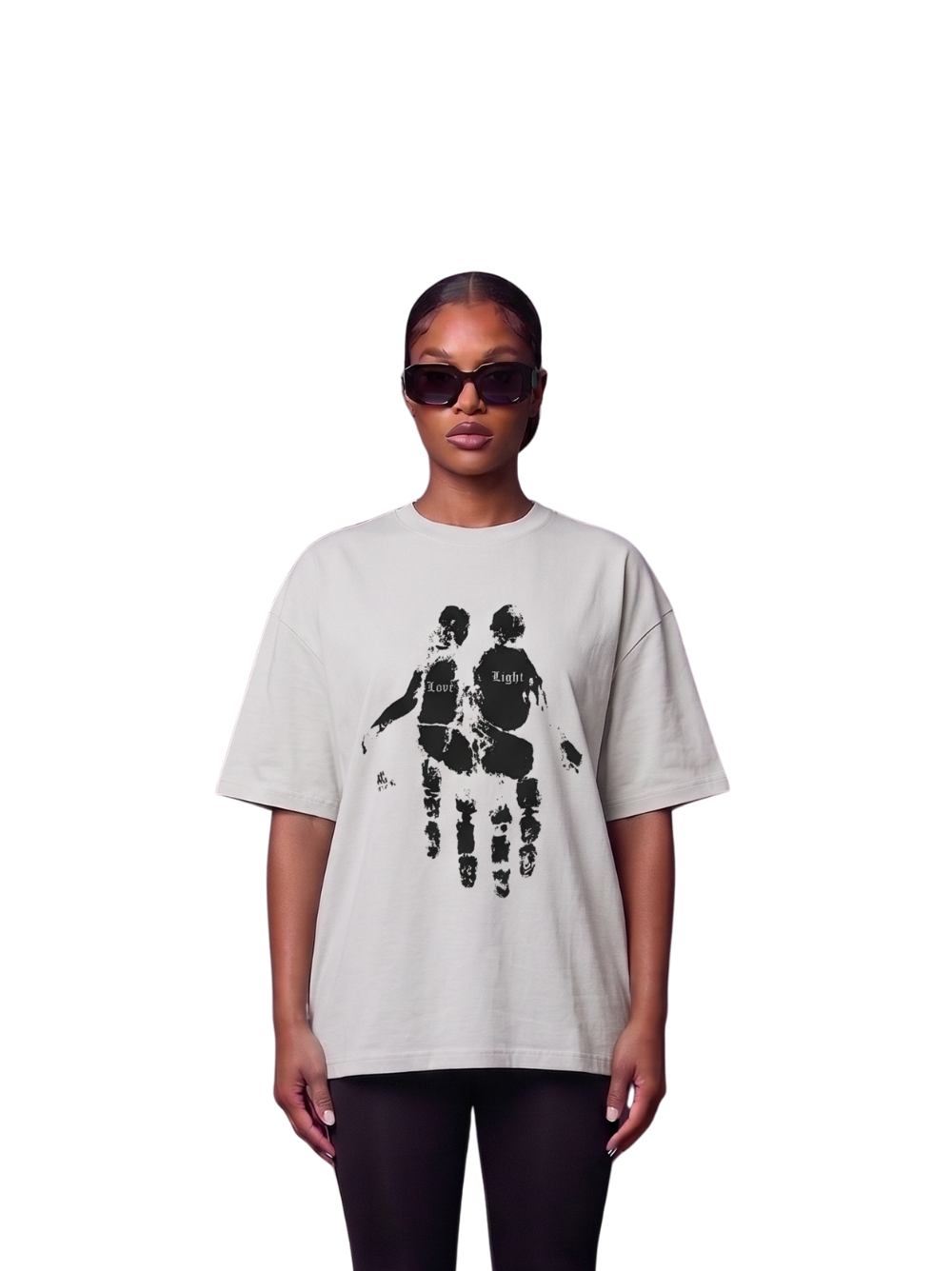 Godspeed white oversized graphic t shirt at unseen grail. local brands south africa. streetwear. men and women. studio image front view female model. galxboy, bantu, el patron, drip