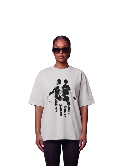 Godspeed white oversized graphic t shirt at unseen grail. local brands south africa. streetwear. men and women. studio image front view female model. galxboy, bantu, el patron, drip