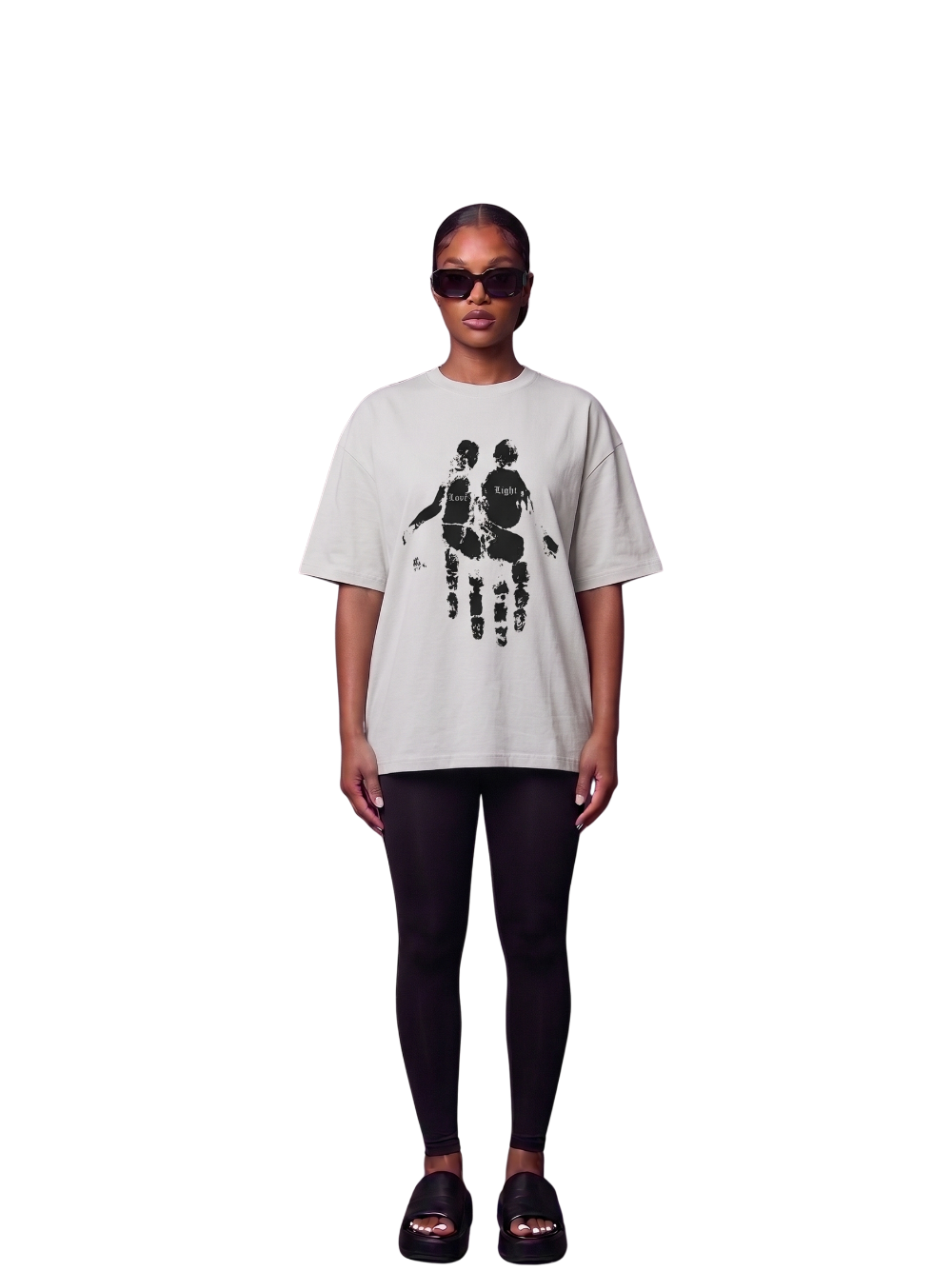 Godspeed white oversized graphic t shirt at unseen grail. local brands south africa. streetwear. men and women. studio image front view female model full outfit. galxboy, bantu, el patron, drip