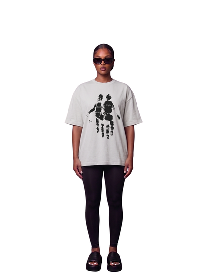 Godspeed white oversized graphic t shirt at unseen grail. local brands south africa. streetwear. men and women. studio image front view female model full outfit. galxboy, bantu, el patron, drip