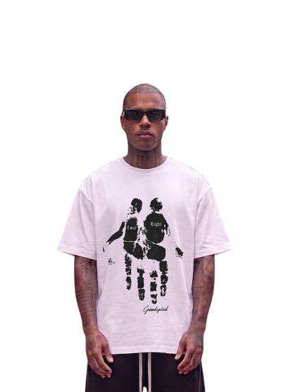 Godspeed white oversized graphic t shirt at unseen grail. local brands south africa. streetwear. men and women. studio image front view male model. galxboy, bantu, el patron, drip