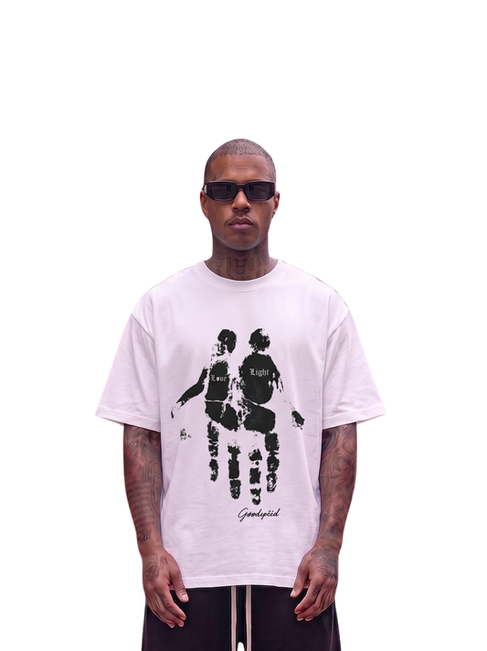Godspeed white oversized graphic t shirt at unseen grail. local brands south africa. streetwear. men and women. studio image front view male model. galxboy, bantu, el patron, drip