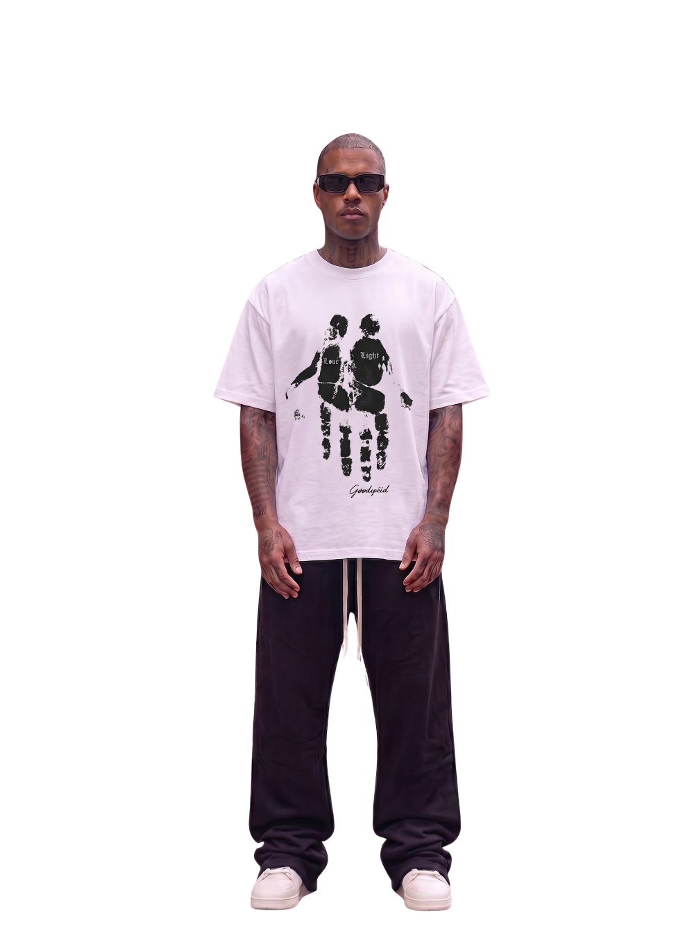 Godspeed white oversized graphic t shirt at unseen grail. local brands south africa. streetwear. men and women. studio image front view male model full outfit. galxboy, bantu, el patron, drip