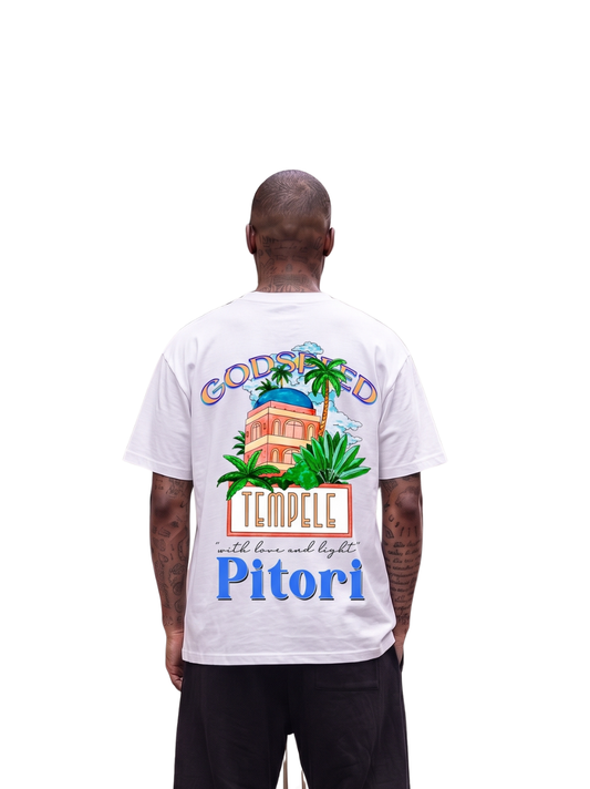 Godspeed white oversized graphic t shirt at unseen grail. local brands south africa. streetwear. men and women. studio image male model behind. galxboy, bantu, el patron