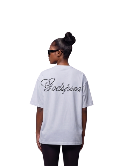 Godspeed white oversized graphic t shirt at unseen grail. local brands south africa. streetwear. men and women. studio image male model behind. galxboy, bantu, nike