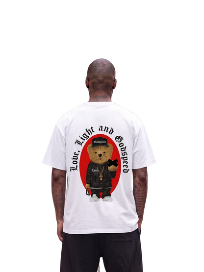 Godspeed white oversized graphic t shirt at unseen grail. local brands south africa. streetwear. men and women. studio image male model behind. galxboy, bantu, represent