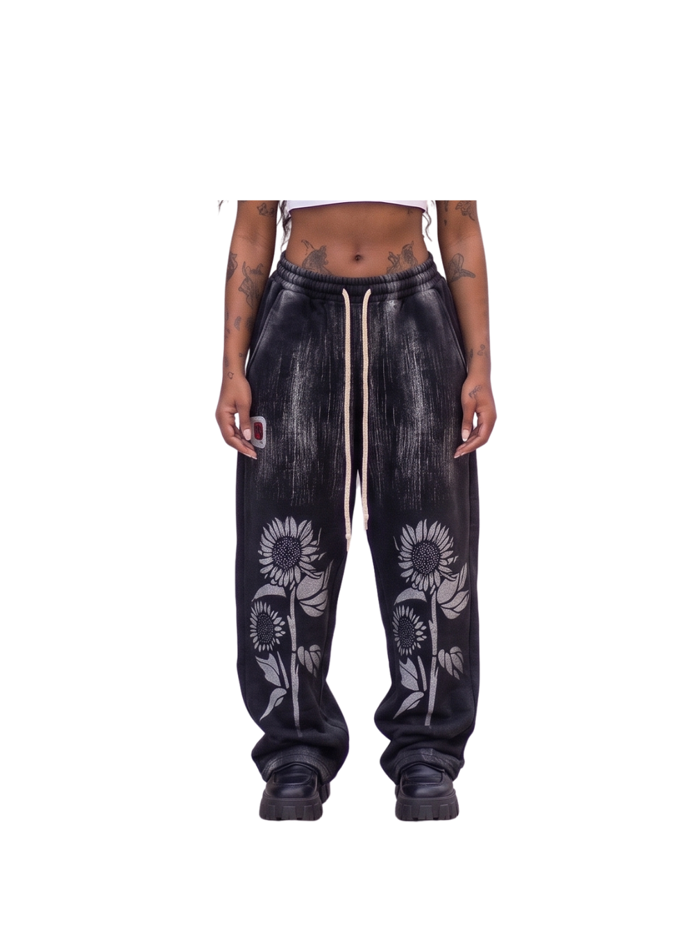 Hustle gang_black_loose_sweatpants shirt_at_unseen_grail._local_brands_south_africa._streetwear._men_and_women.galxboy_bantu. FeMale model front shot close up