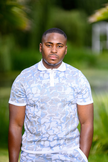 Idayimani _blue golfer knitted shirt_at_unseen_grail._local_brands_south_africa._streetwear._men_and_women.galxboy_bantu._Male model front close up 