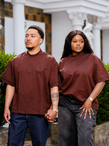 Idayimani _brown T-shirt _at_unseen_grail._local_brands_south_africa._streetwear._women.galxboy_bantu._Female and Male model close up shot