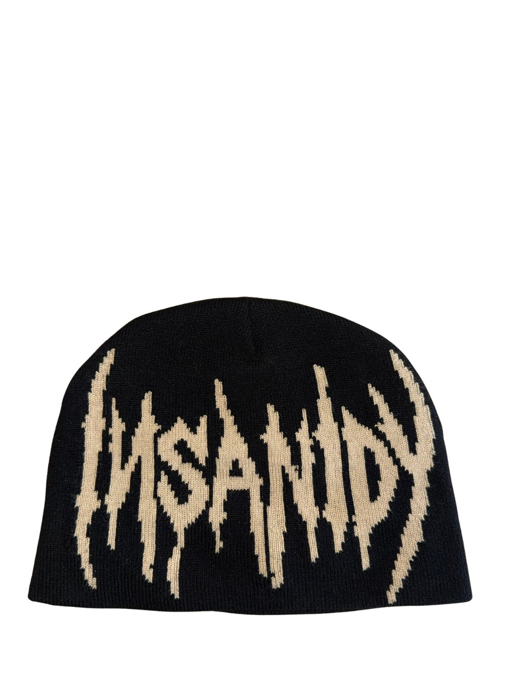 Insanidy knitwear black beanie at unseen grail. local brands south africa. streetwear. men and women. studio image