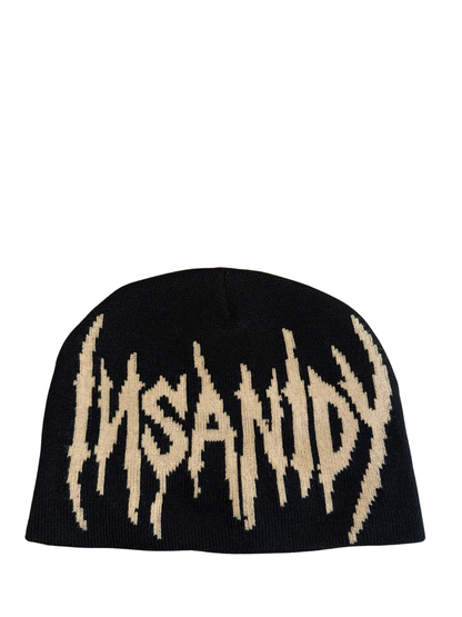 Insanidy knitwear black beanie at unseen grail. local brands south africa. streetwear. men and women. studio image