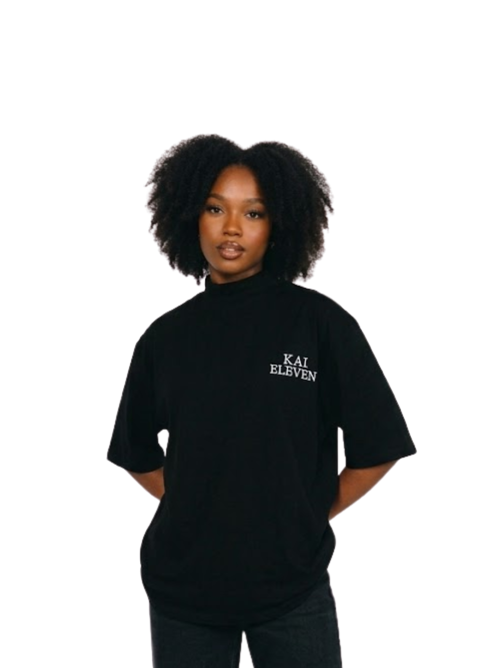 Kai Eleven black turtle kneck oversized graphic t shirt at unseen grail. local brands south africa. streetwear. men and women. female model front view