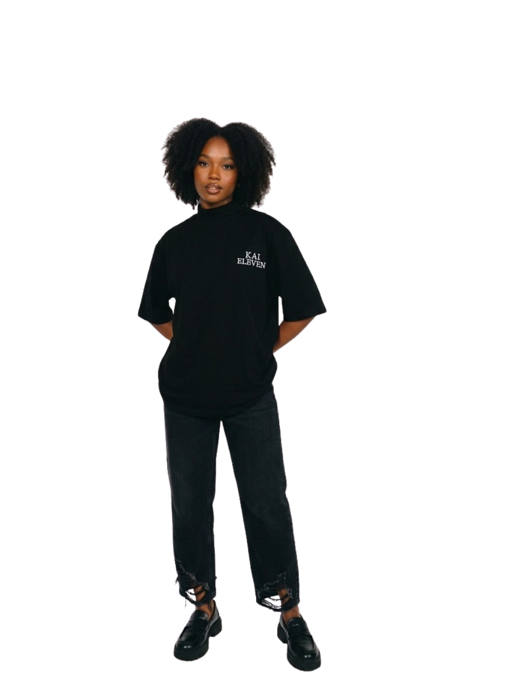 Kai Eleven black turtle kneck oversized graphic t shirt at unseen grail. local brands south africa. streetwear. men and women. female model front view full outfit