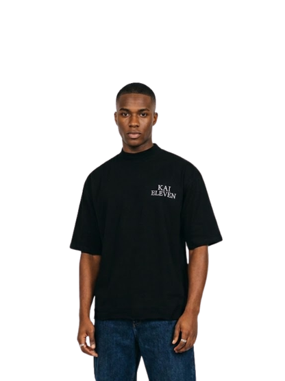 Kai Eleven black turtle kneck oversized graphic t shirt at unseen grail. local brands south africa. streetwear. men and women. male model front view
