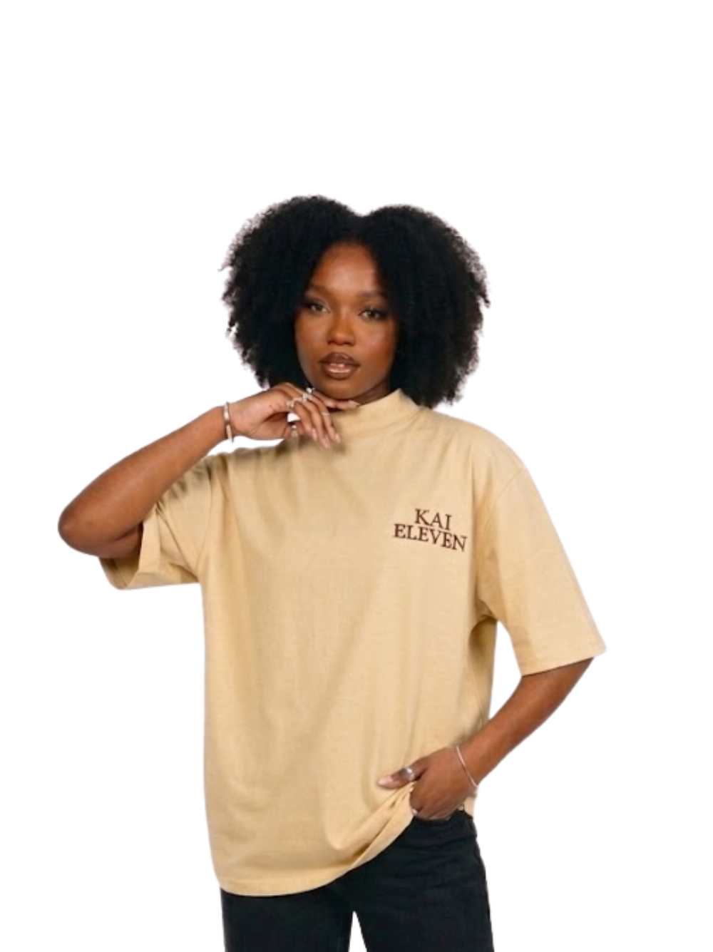 Kai Eleven cream turtle kneck oversized graphic t shirt at unseen grail. local brands south africa. streetwear. men and women. female model front view