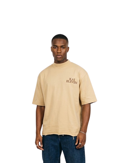 Kai Eleven cream turtle kneck oversized graphic t shirt at unseen grail. local brands south africa. streetwear. men and women. male model front view