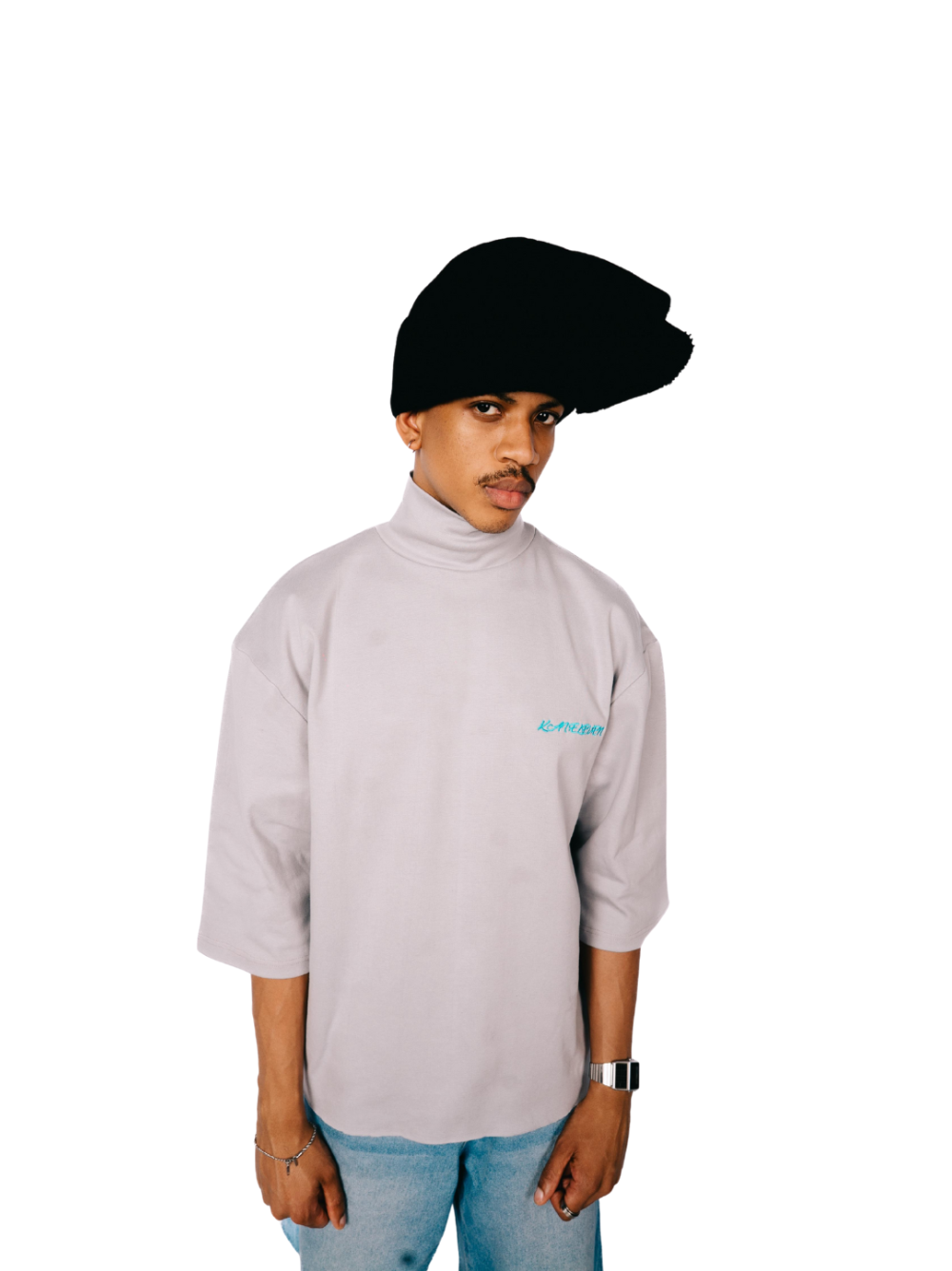 Kai Eleven grey oversized graphic t shirt at unseen grail. local brands south africa. streetwear. men and women. male model front