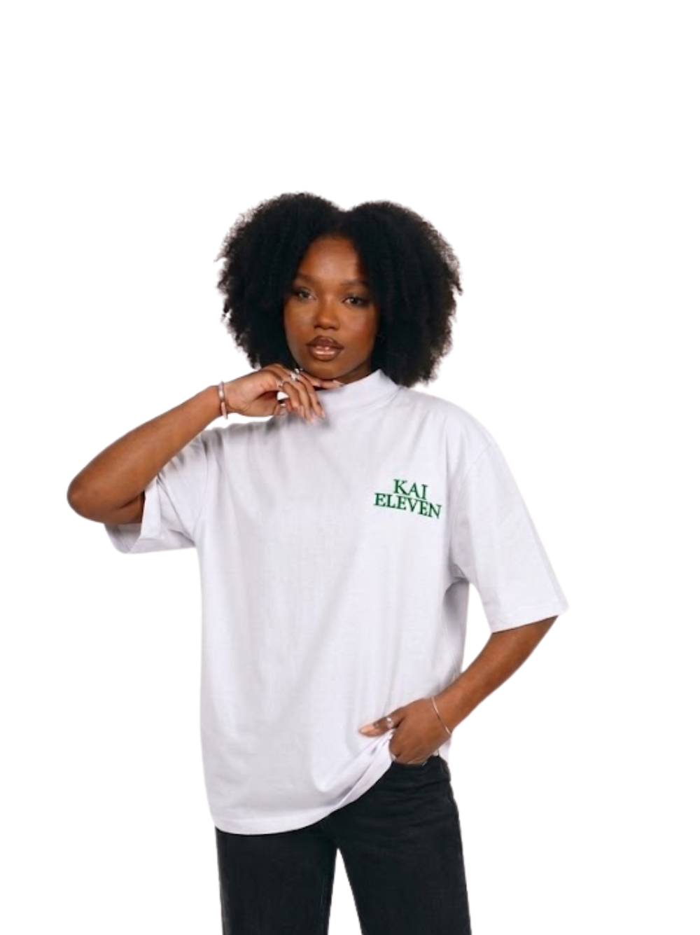 Kai Eleven white turtle kneck oversized graphic t shirt at unseen grail. local brands south africa. streetwear. men and women. female model front image