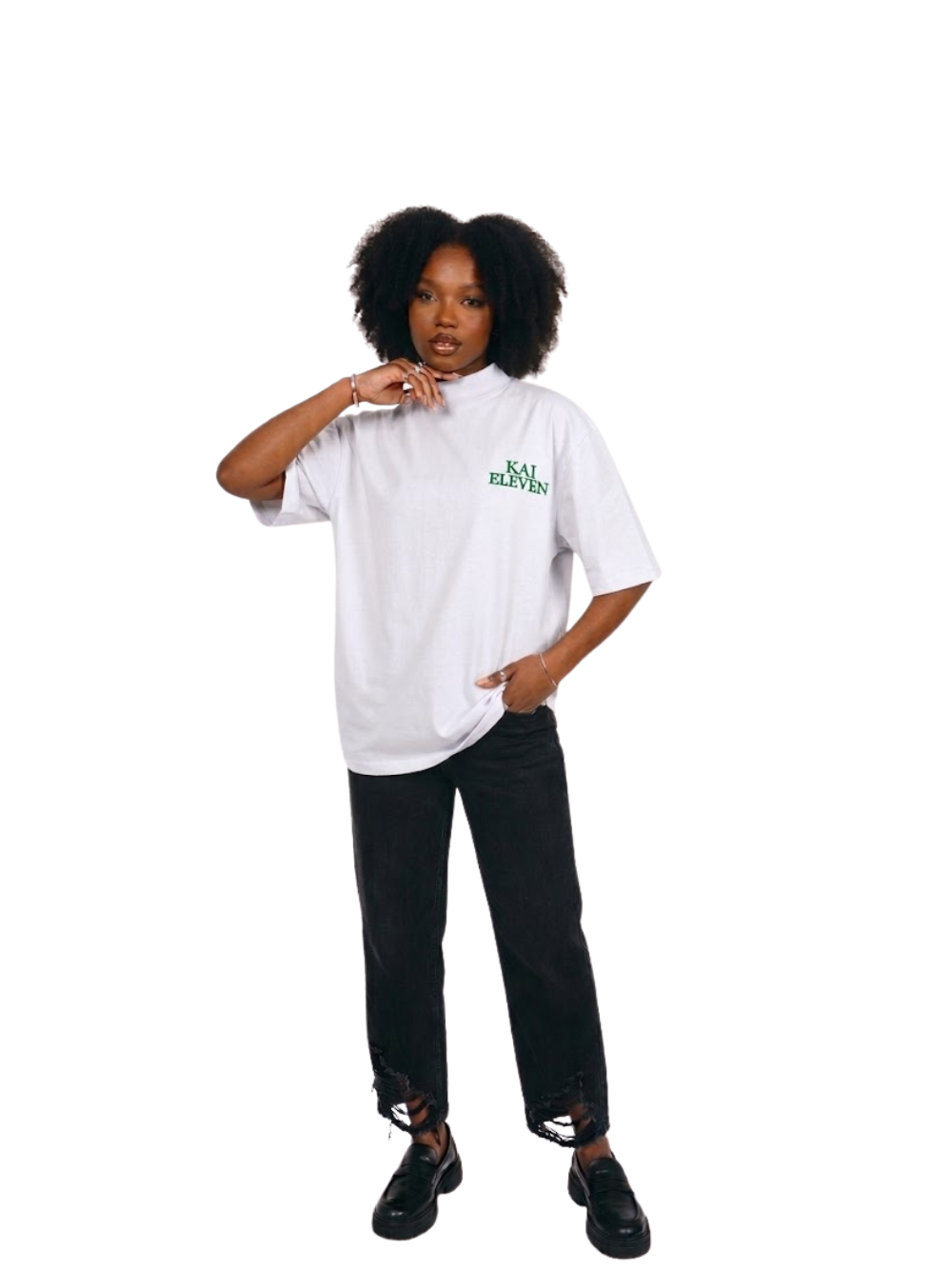 Kai Eleven white turtle kneck oversized graphic t shirt at unseen grail. local brands south africa. streetwear. men and women. female model front image full outfit