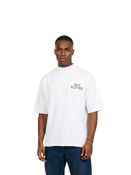 Kai Eleven white turtle kneck oversized graphic t shirt at unseen grail. local brands south africa. streetwear. men and women. male model front image