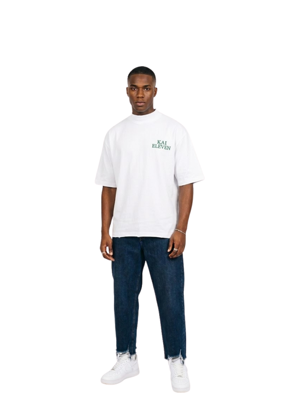 Kai Eleven white turtle kneck oversized graphic t shirt at unseen grail. local brands south africa. streetwear. men and women. male model front image full outfit