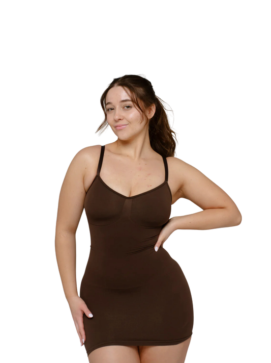 Kurv_brown__mini_dress_at_unseen_grail._local_brands_south_africa._streetwear._men_and_women.galxboy_bantu._Female_model_front_shot_close_up