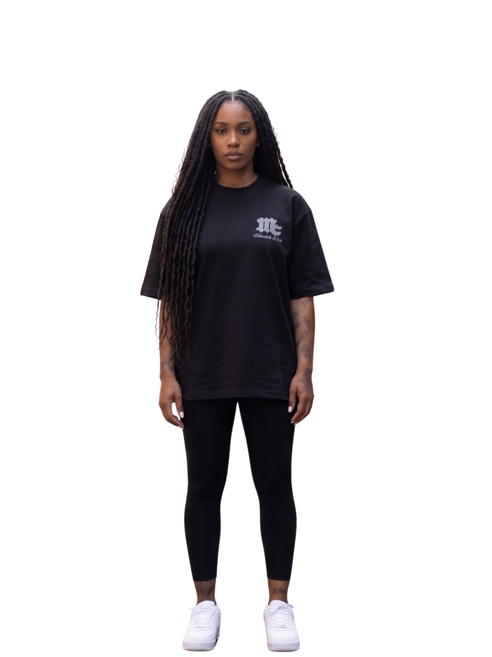 Members club black oversized graphic t shirt at unseen grail. local brands south africa. streetwear. men and women. studio image female model front galxboy, bantu