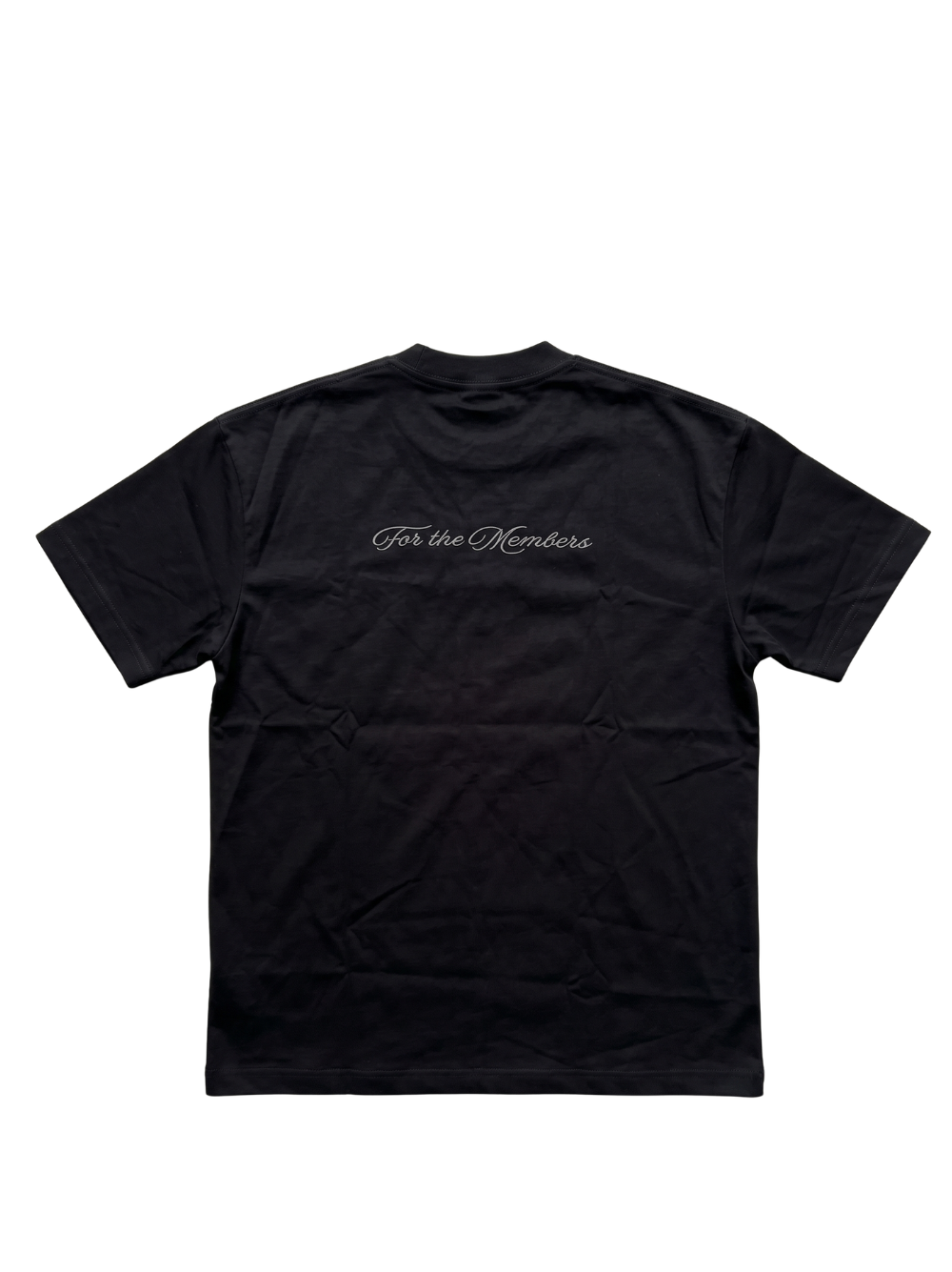 Members club black oversized graphic t shirt at unseen grail. local brands south africa. streetwear. men and women. studio image flatlay front galxboy, bantu