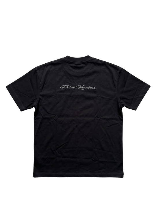 Members club black oversized graphic t shirt at unseen grail. local brands south africa. streetwear. men and women. studio image flatlay front galxboy, bantu