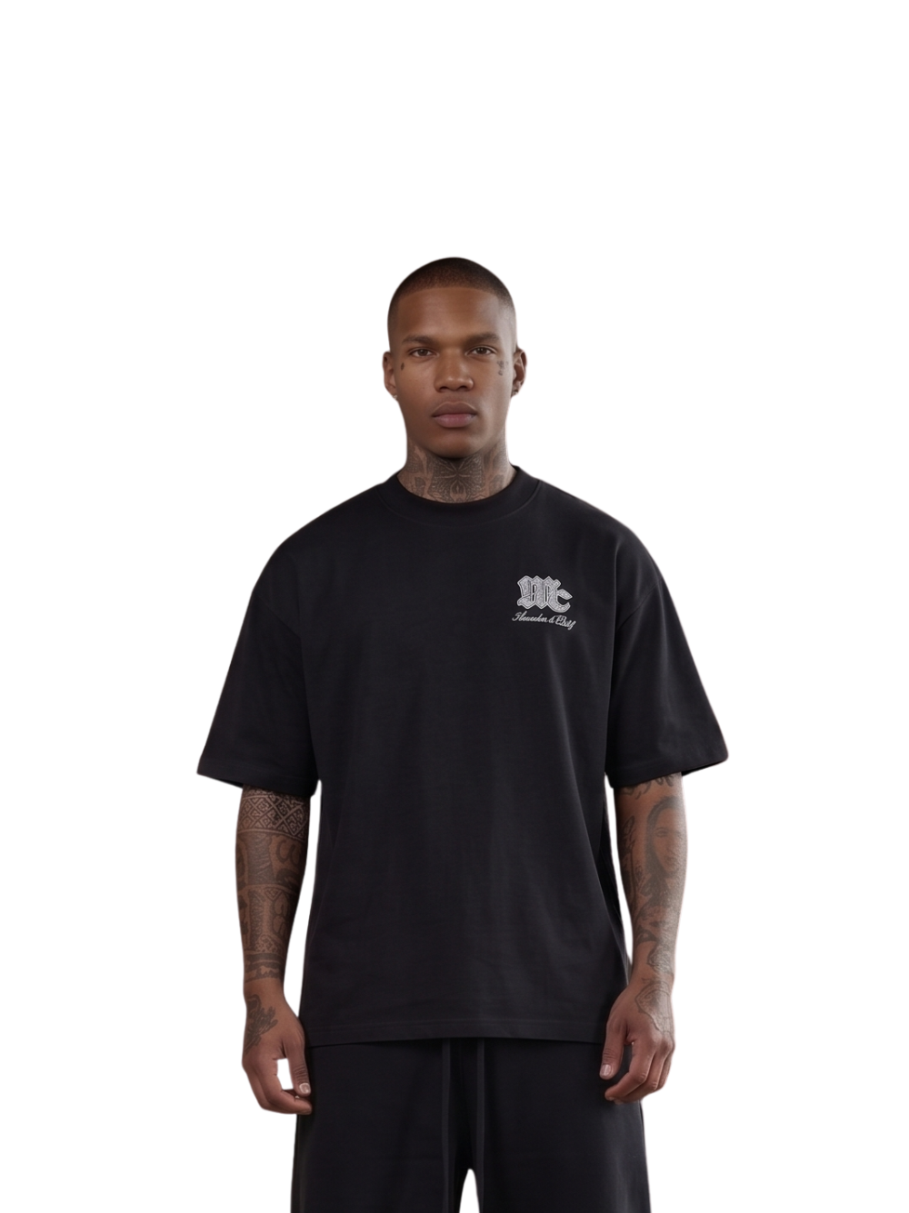 Members club black oversized graphic t shirt at unseen grail. local brands south africa. streetwear. men and women. studio image male model front galxboy, bantu