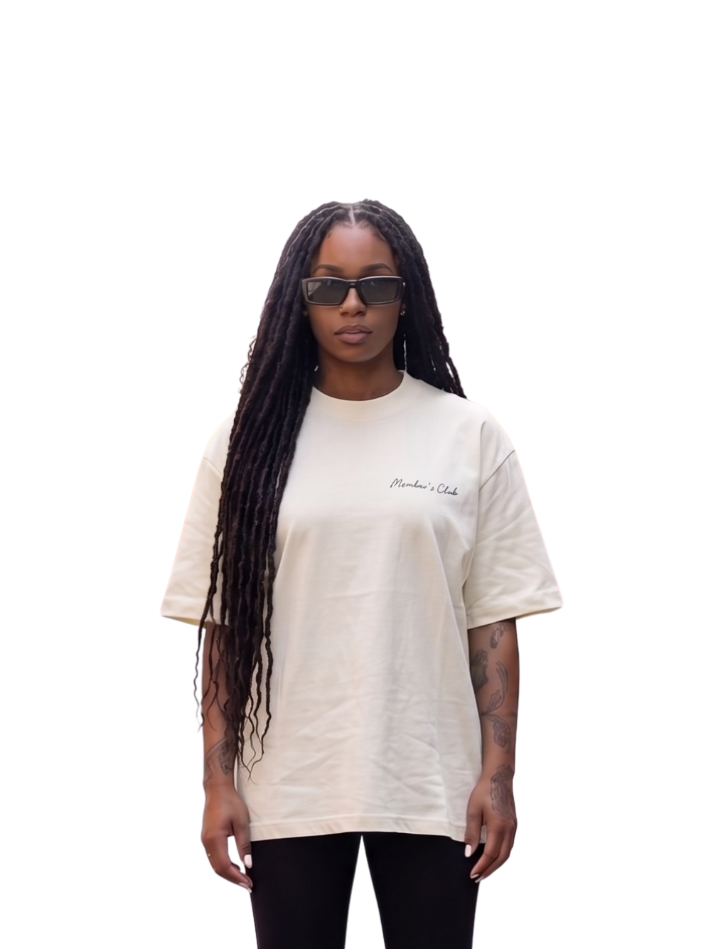 Members club grey oversized graphic t shirt at unseen grail. local brands south africa. streetwear. men and women. studio image female model front