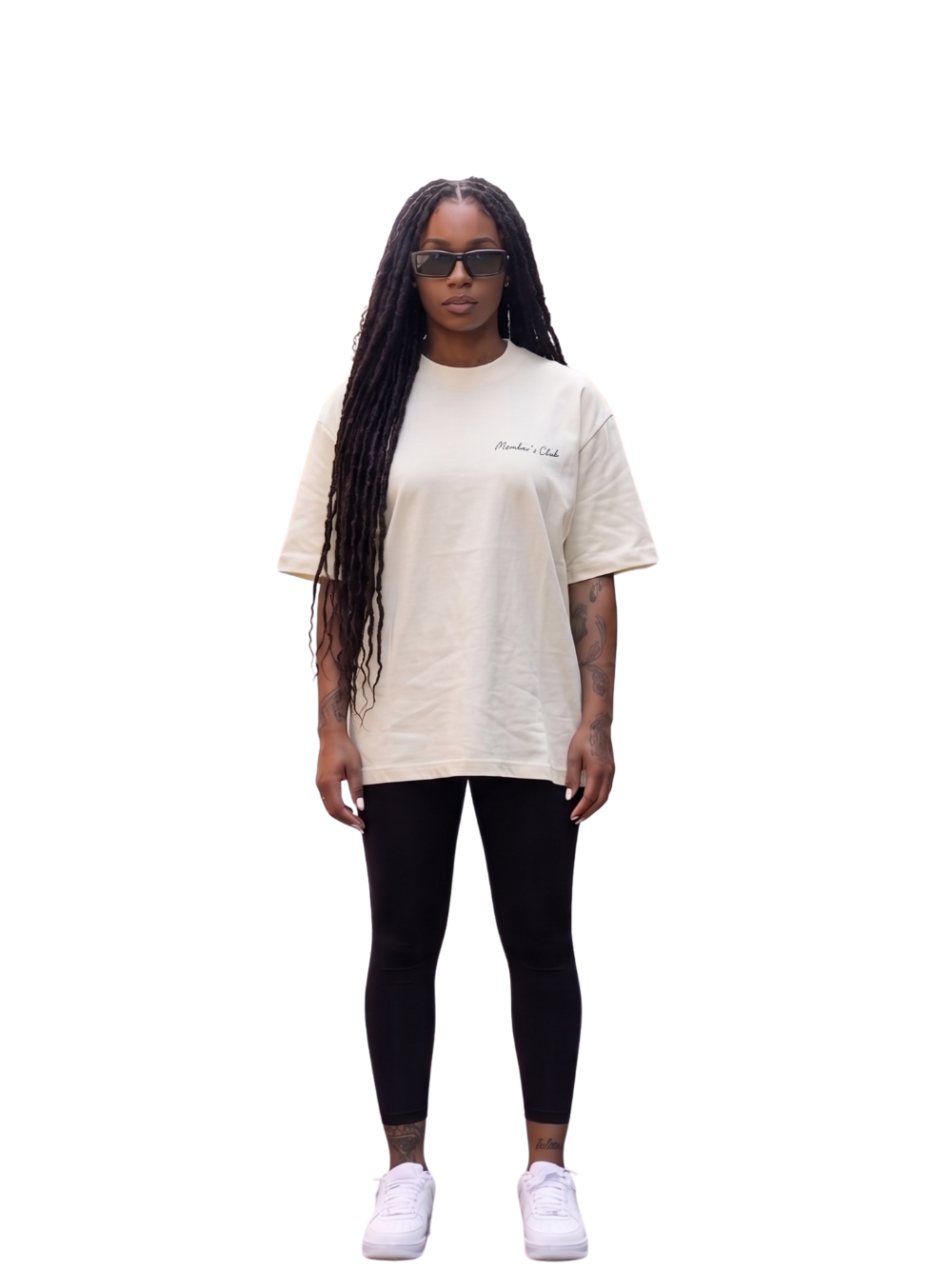 Members club grey oversized graphic t shirt at unseen grail. local brands south africa. streetwear. men and women. studio image female model full outfit