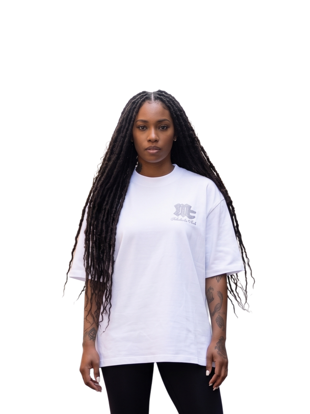 Members club white oversized graphic t shirt at unseen grail. local brands south africa. streetwear. men and women. studio image female model front