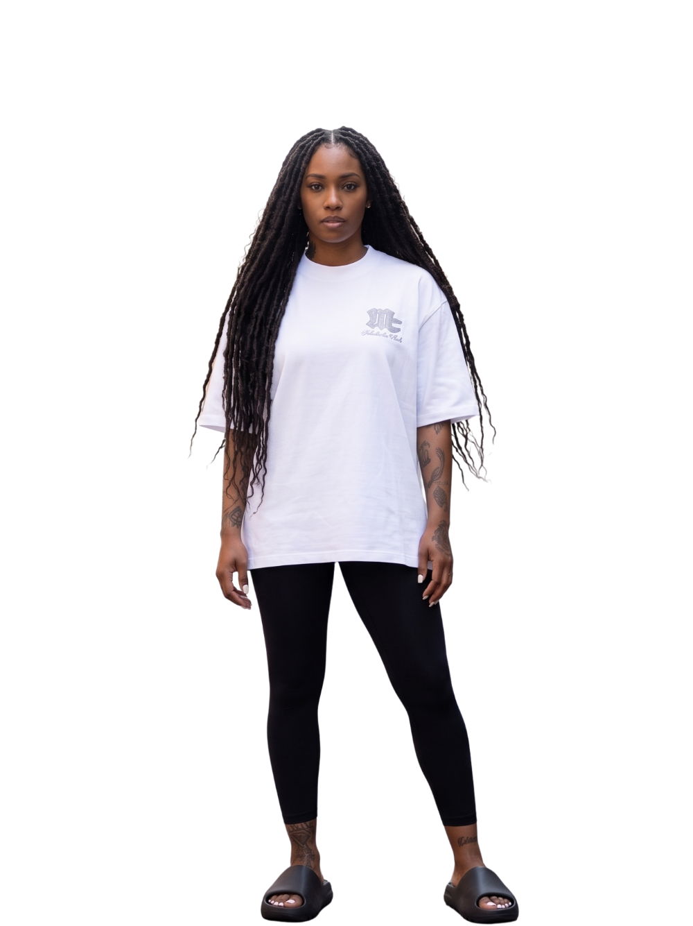 Members club white oversized graphic t shirt at unseen grail. local brands south africa. streetwear. men and women. studio image female model front galxboy, bantu