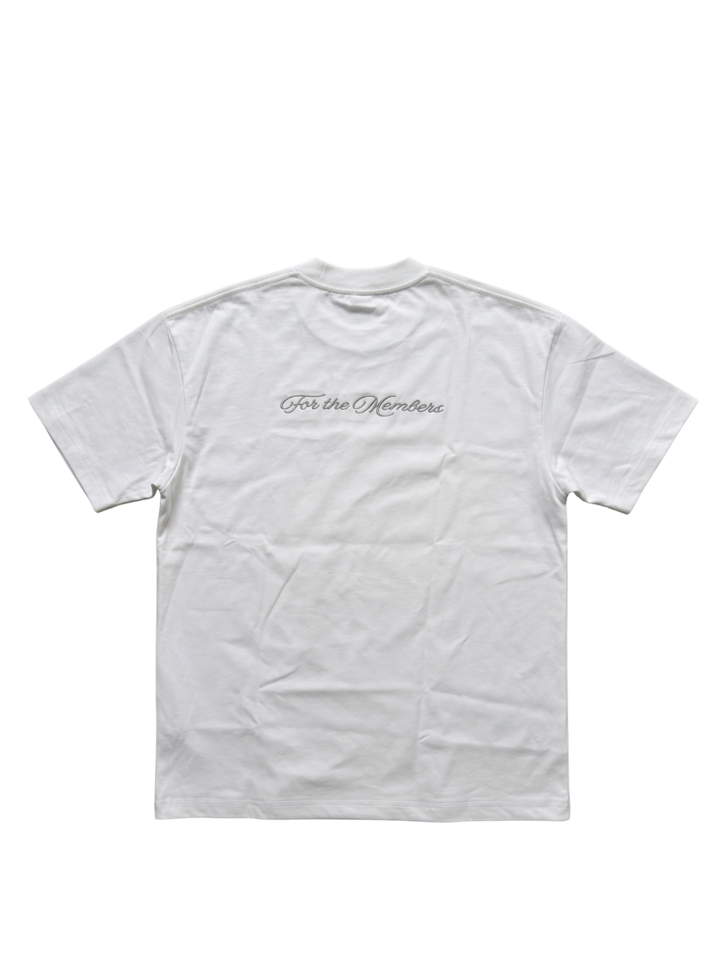 Members club white oversized graphic t shirt at unseen grail. local brands south africa. streetwear. men and women. studio image flatlay behind