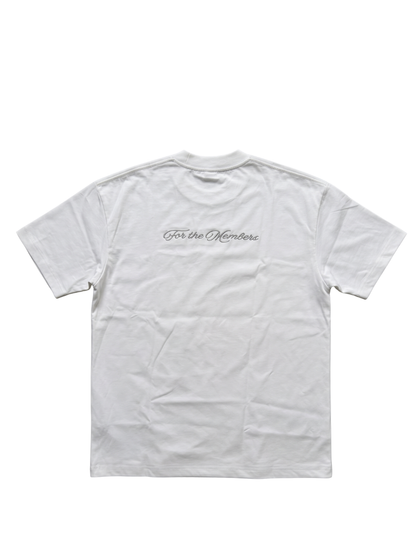 Members club white oversized graphic t shirt at unseen grail. local brands south africa. streetwear. men and women. studio image flatlay behind