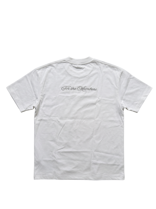 Members club white oversized graphic t shirt at unseen grail. local brands south africa. streetwear. men and women. studio image flatlay behind
