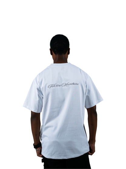 Members club white oversized graphic t shirt at unseen grail. local brands south africa. streetwear. men and women. studio image male model behind 