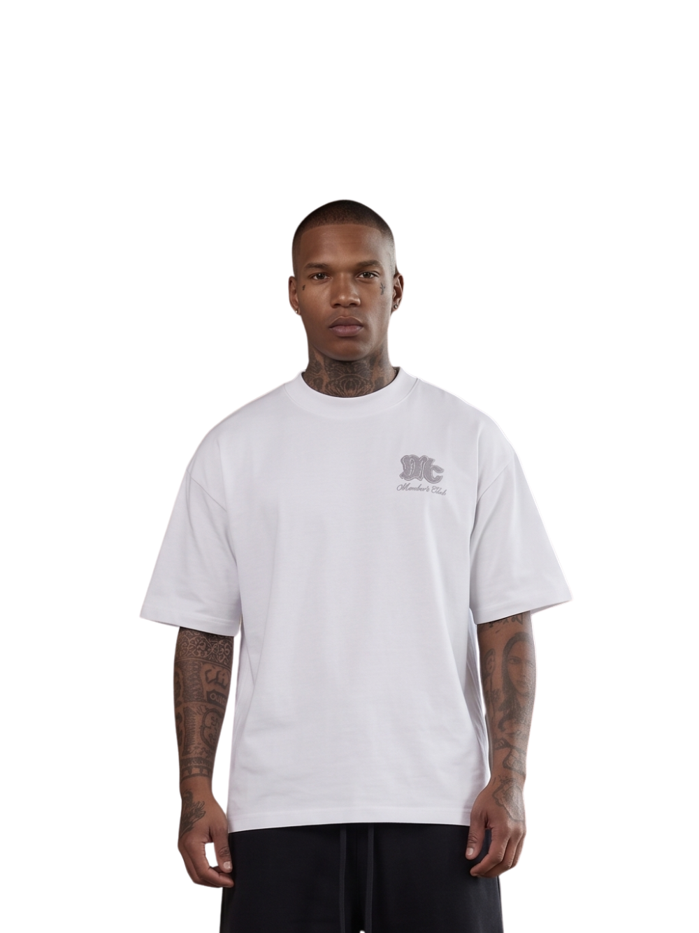 Members club white oversized graphic t shirt at unseen grail. local brands south africa. streetwear. men and women. studio image male model front