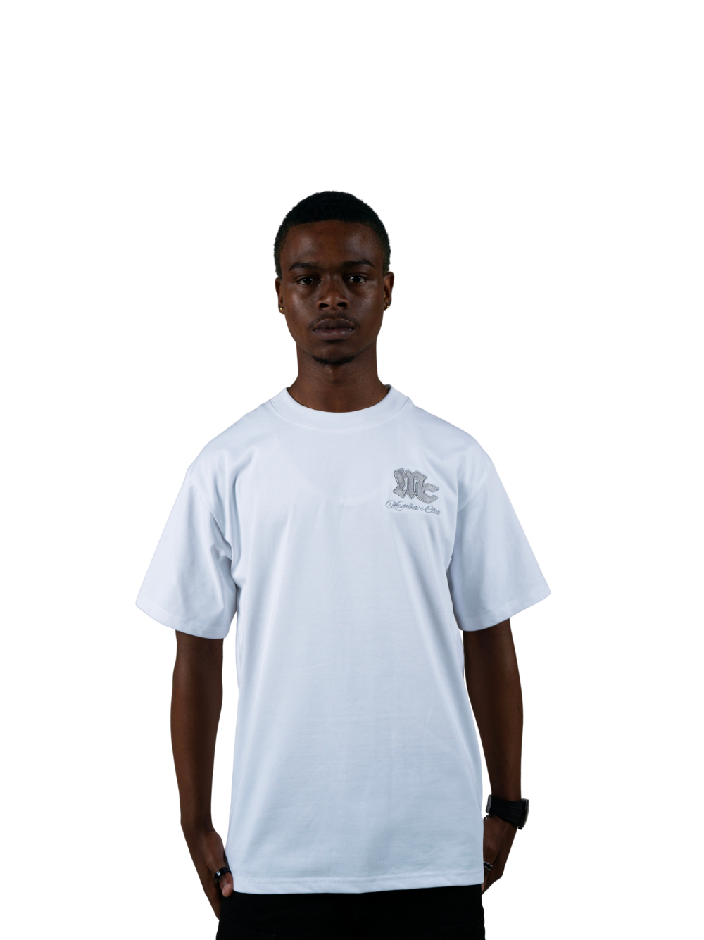 Members club white oversized graphic t shirt at unseen grail. local brands south africa. streetwear. men and women. studio image male model front galxboy