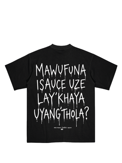 Mercha black oversized graphic t shirt at unseen grail. local brands south africa. streetwear. men and women. studio image behind