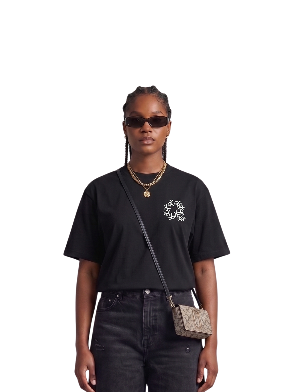 Mercha black oversized graphic t shirt at unseen grail. local brands south africa. streetwear. men and women. studio image female model front